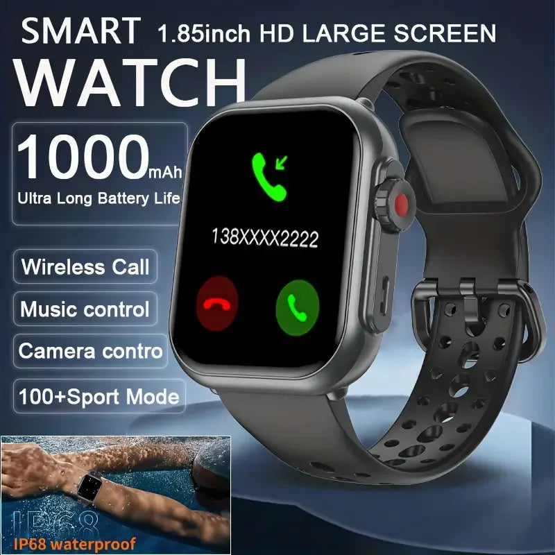New Smart Watch Men Women 1.85-Inch HD AMOLED Full Touch Screen IP68 Waterproof Bluetooth Call SmartWatch Men For Android IOS