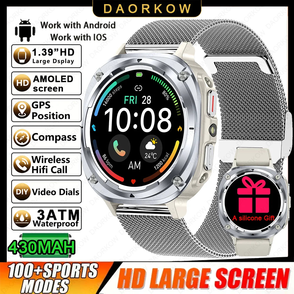 Smart Watch, Bluetooth Calling, Message Reminder, Stainless Steel Strap, Flashlight Function, Compatible with IPhone/Android