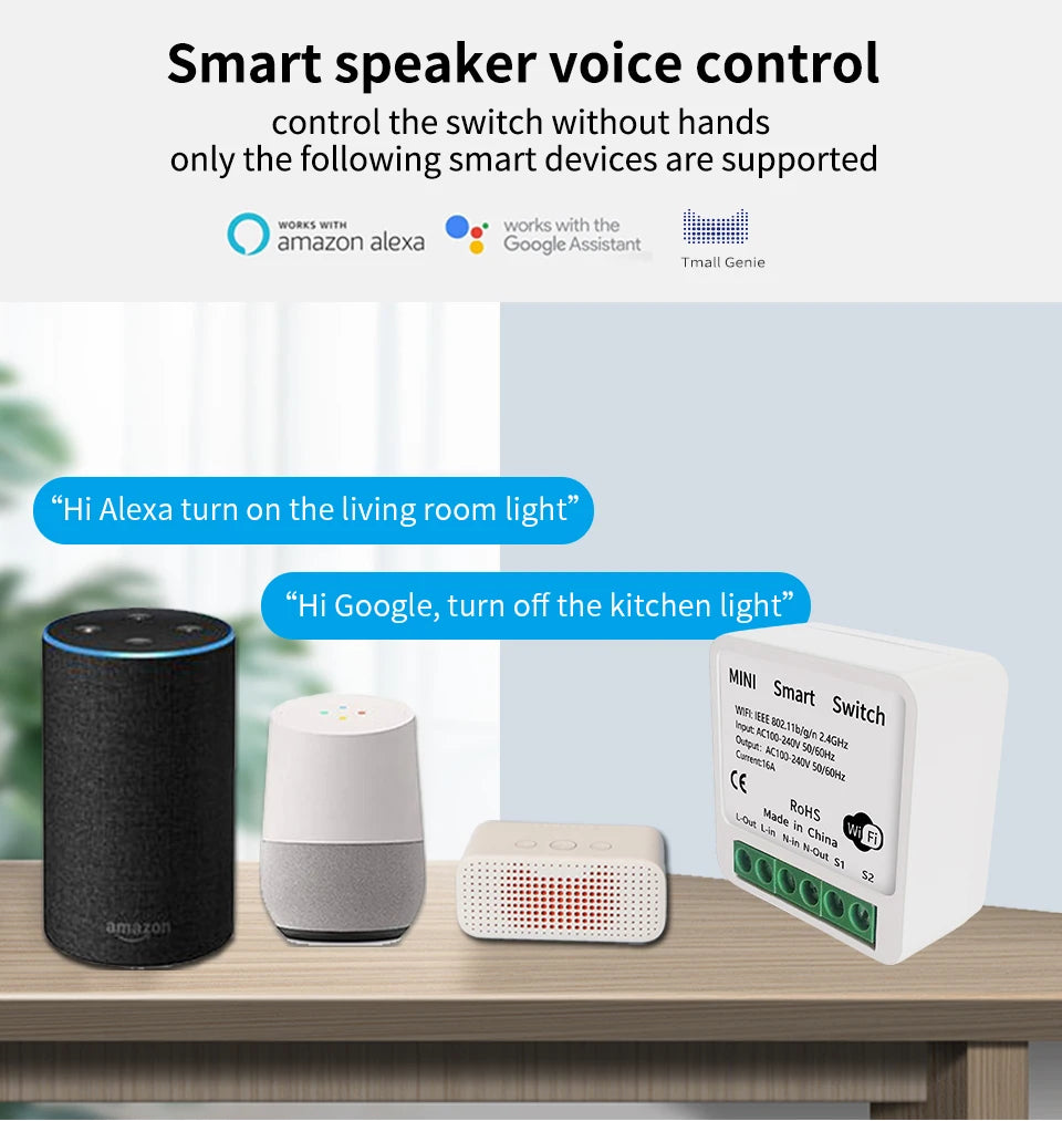 Smart Mini WiFi Switch — Voice & APP Control, 16A, Flame-Retardant, Easy Install