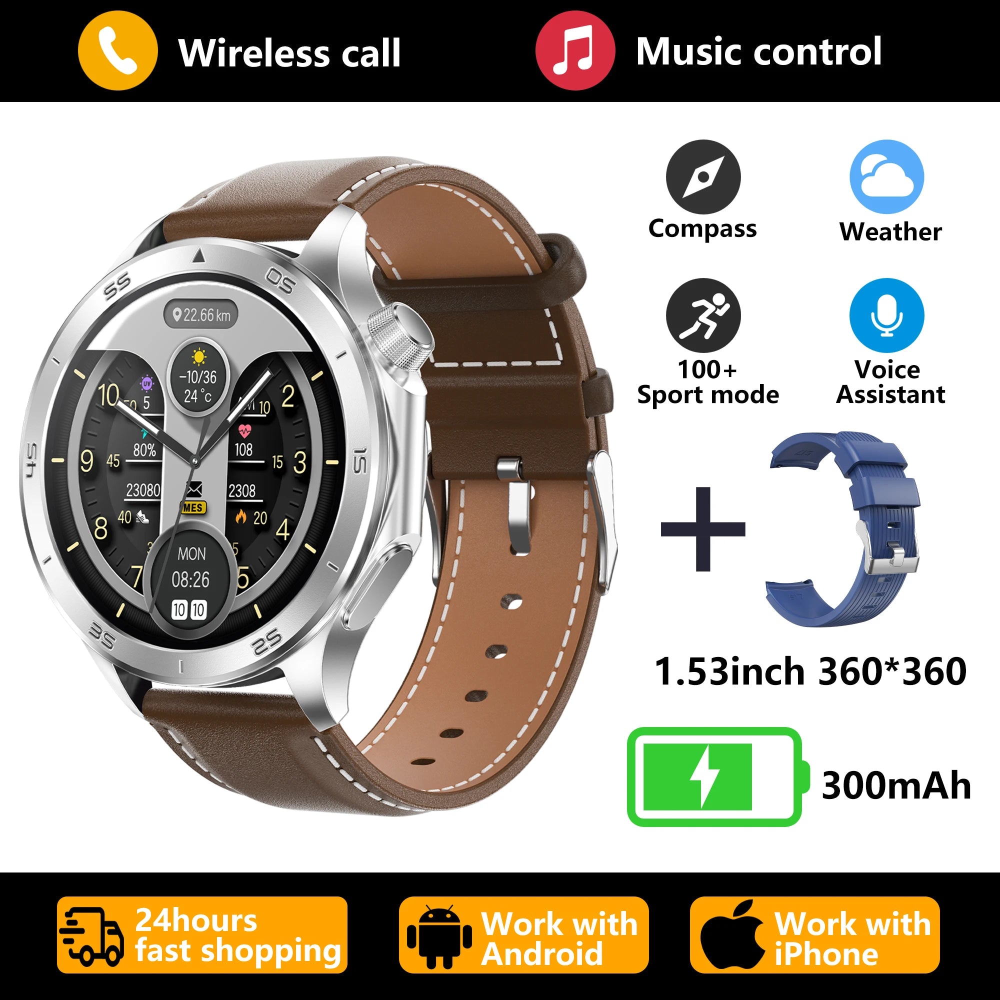 2026 new smart watch 1.53-inch HD large screen supports Bluetooth calls, multiple sports modes, compass health monitoring