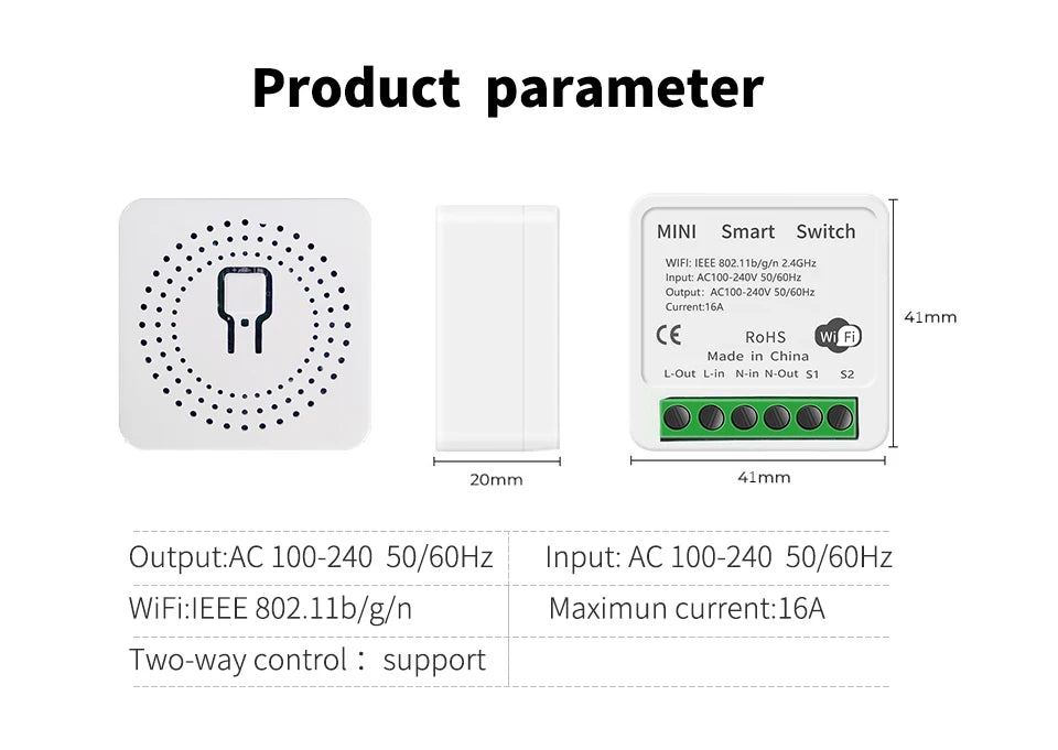 Smart Mini WiFi Switch — Voice & APP Control, 16A, Flame-Retardant, Easy Install