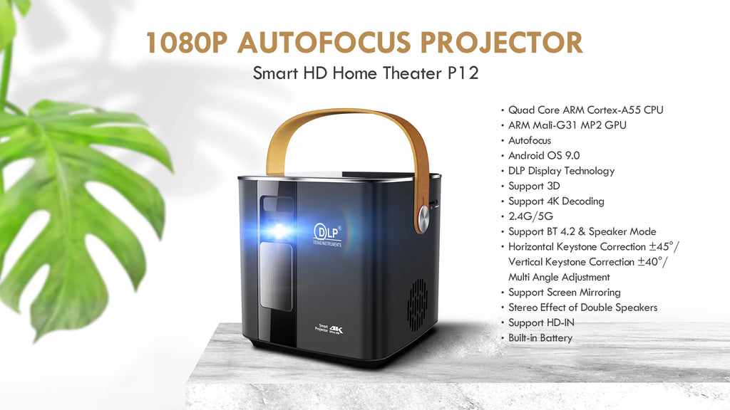 Mini 3D Portable Projector — 4K DLP, Android, WiFi, Bluetooth, Rechargeable Battery, Outdoor & Car Use