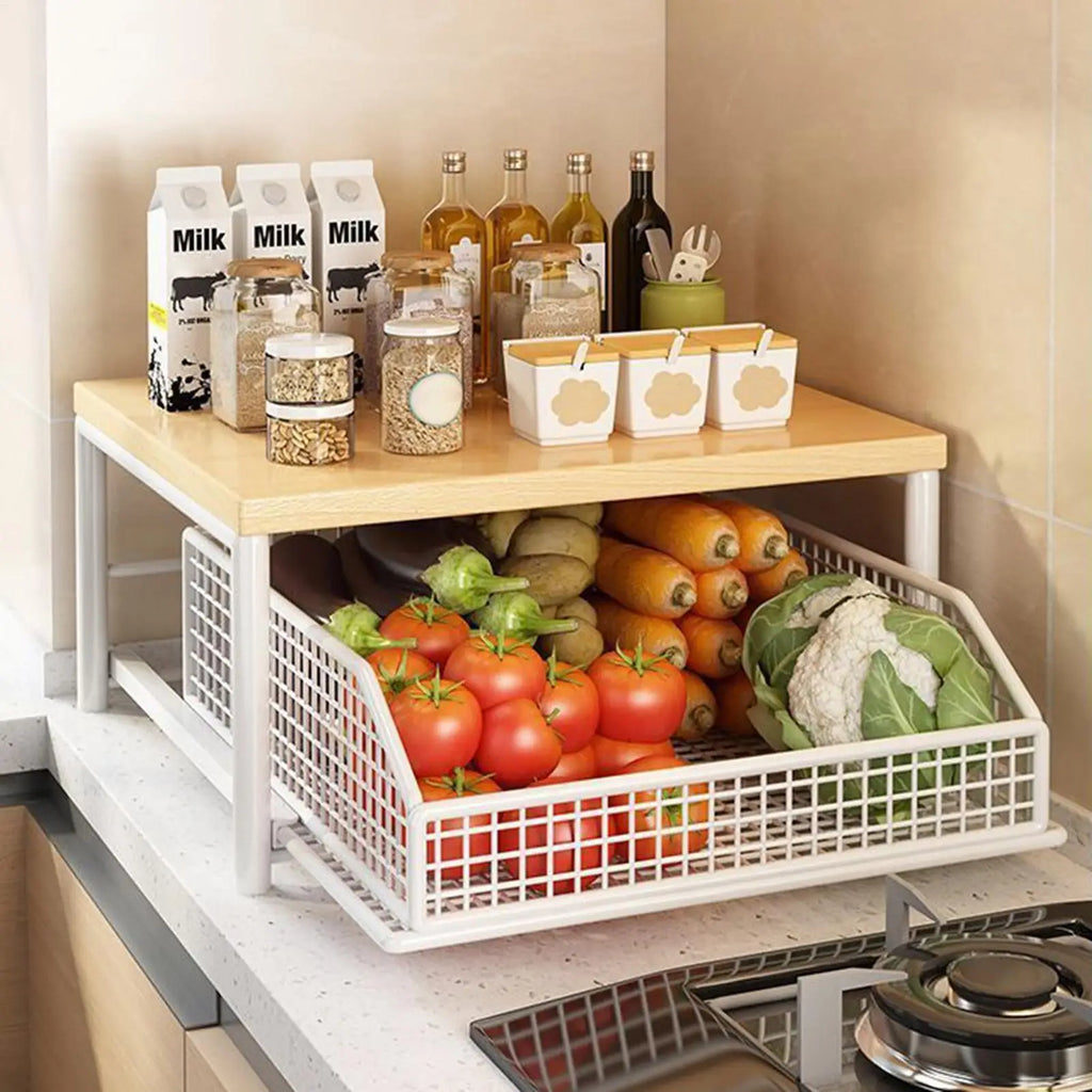 Kitchen Storage Rack Standing Shelf with Drawer for Fruit Vegetable Microwave Pots Dishes Spice Organizer for Kitchen Countertop