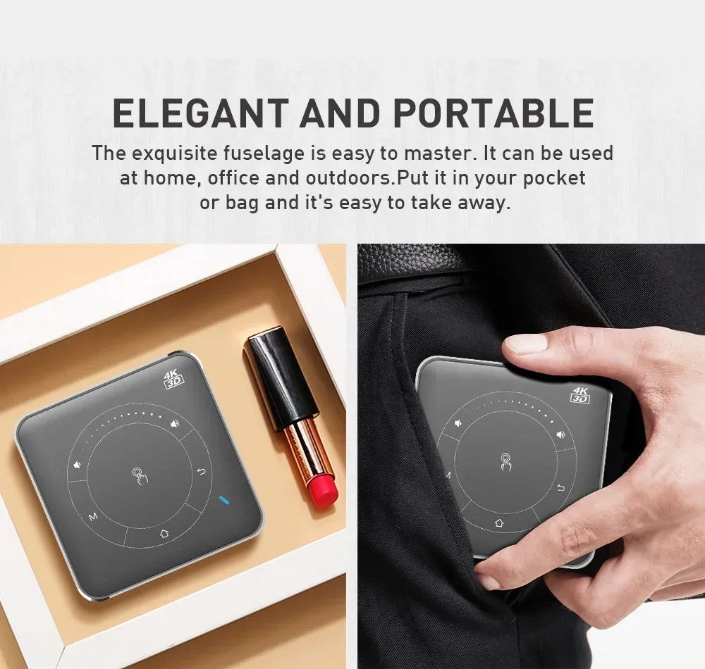 Mini 3D Portable Projector — 4K DLP, Android, WiFi, Bluetooth, Rechargeable Battery, Outdoor & Car Use