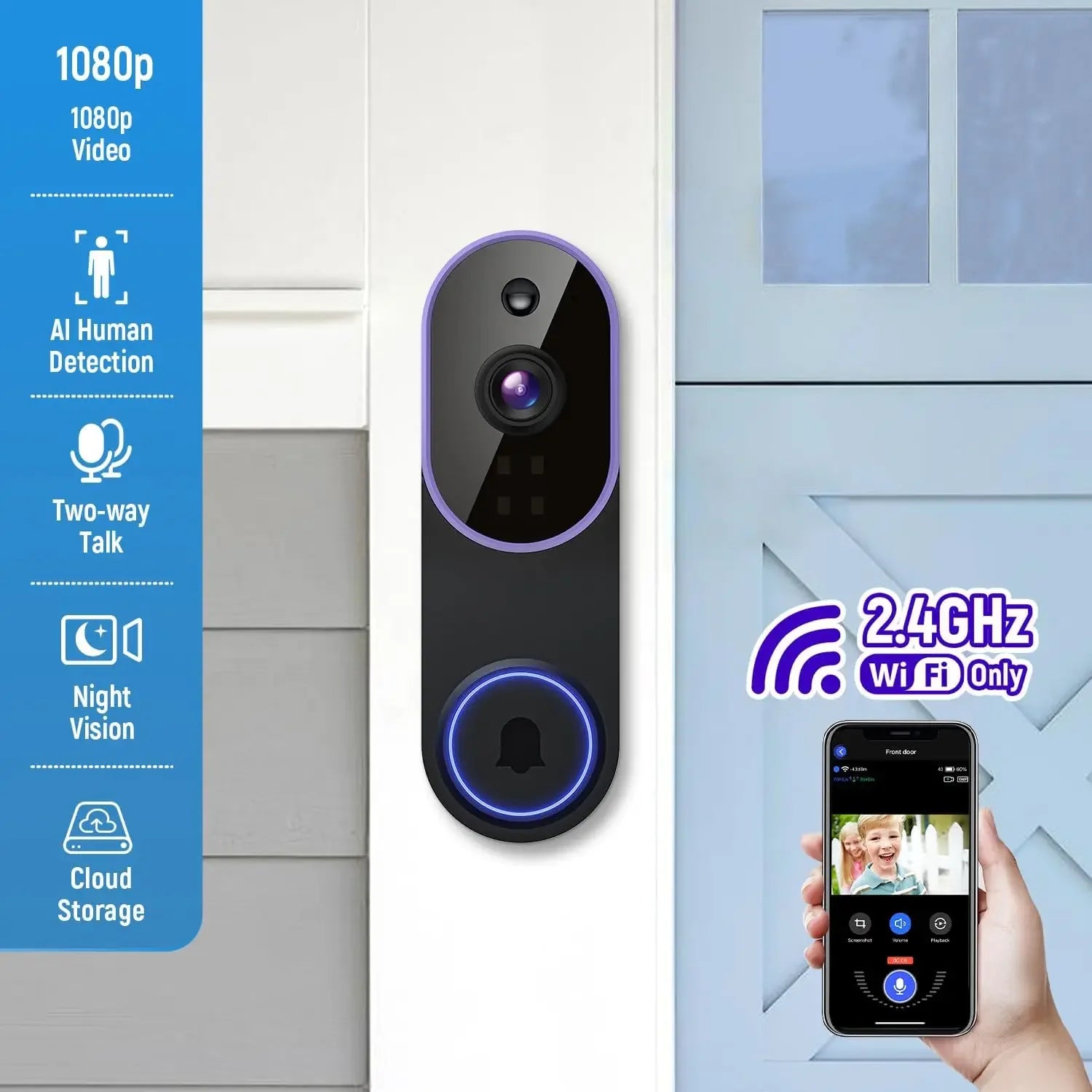 Smart Wireless Video Doorbell — AI Detection, Night Vision & Battery Powered