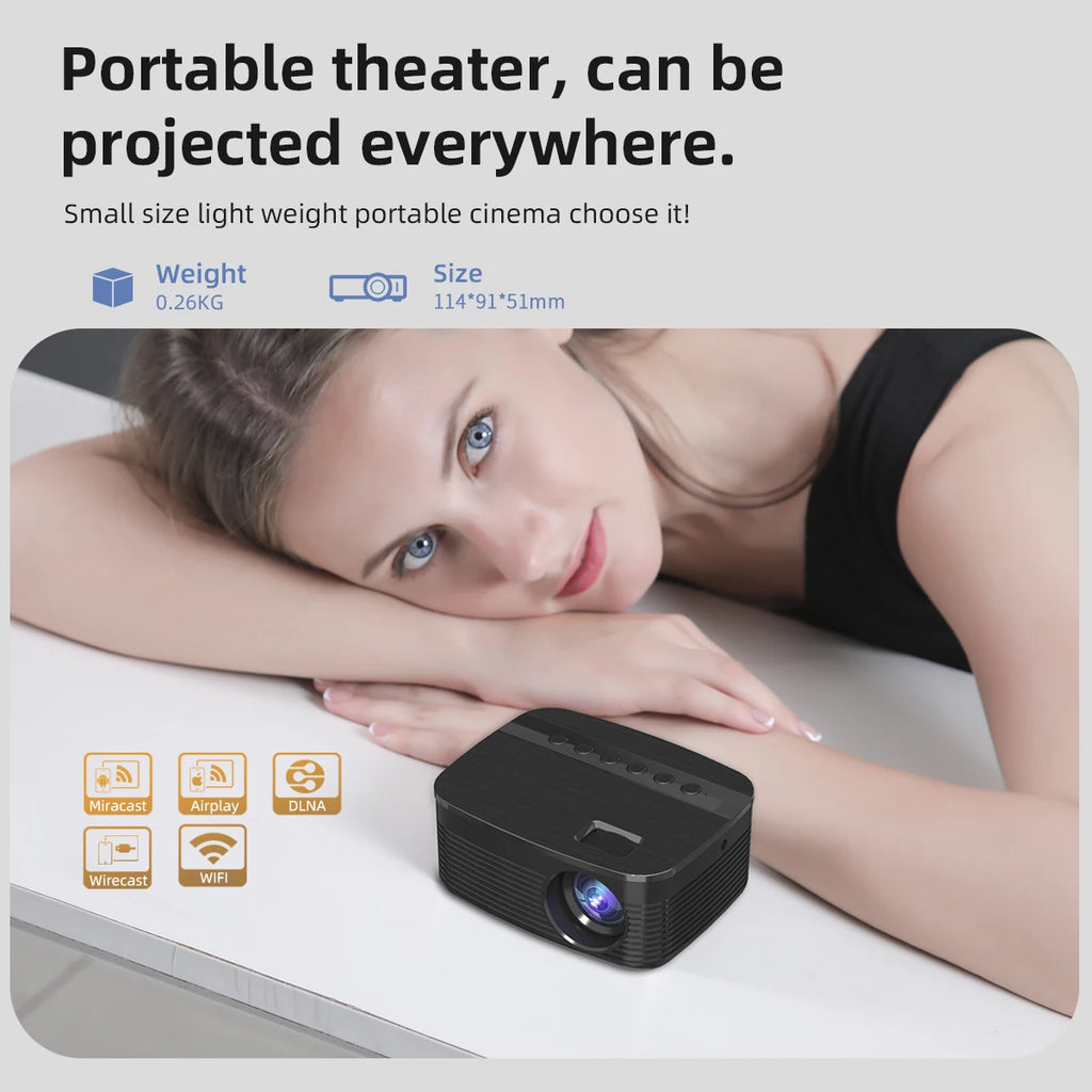 Mini 3D Portable Projector — 4K DLP, Android, WiFi, Bluetooth, Rechargeable Battery, Outdoor & Car Use