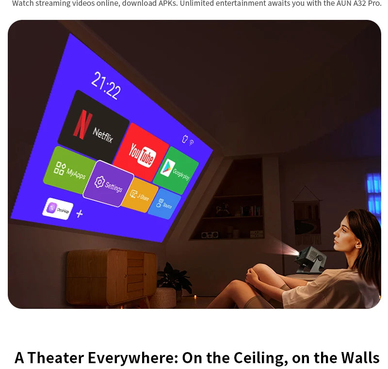 AUN A32 Pro Portable Projector — Android, 4K 1080P, Laser, WiFi, LED, Smart TV for Home & Outdoor