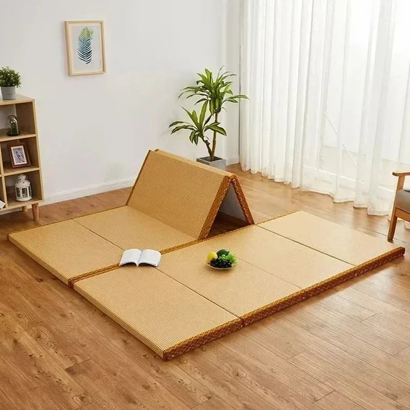 Japanese Folding Tatami Mattress Floor Mat with Artificial Rattan Surface & Coconut Fiber Core Futon Yoga Meditation Mat