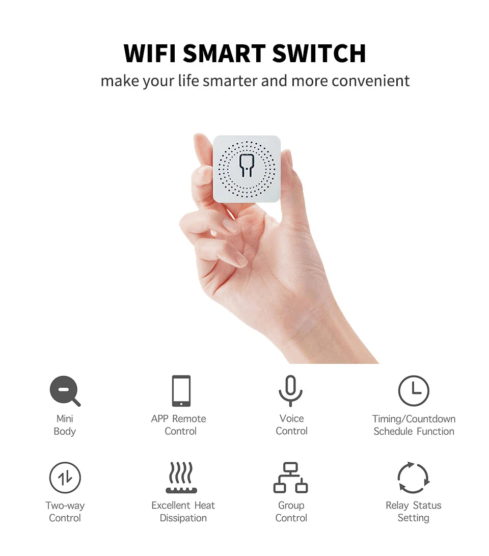 Smart Mini WiFi Switch — Voice & APP Control, 16A, Flame-Retardant, Easy Install