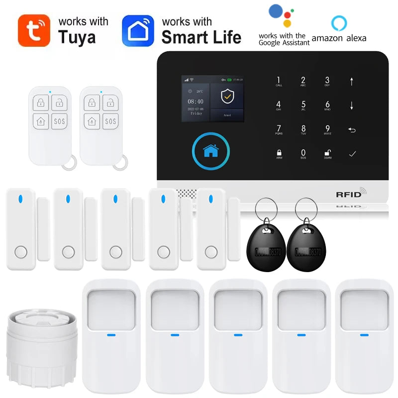 Smart Solar-Powered Home Alarm System — Tuya WiFi GSM, PIR & Door Sensors, Alexa Compatible