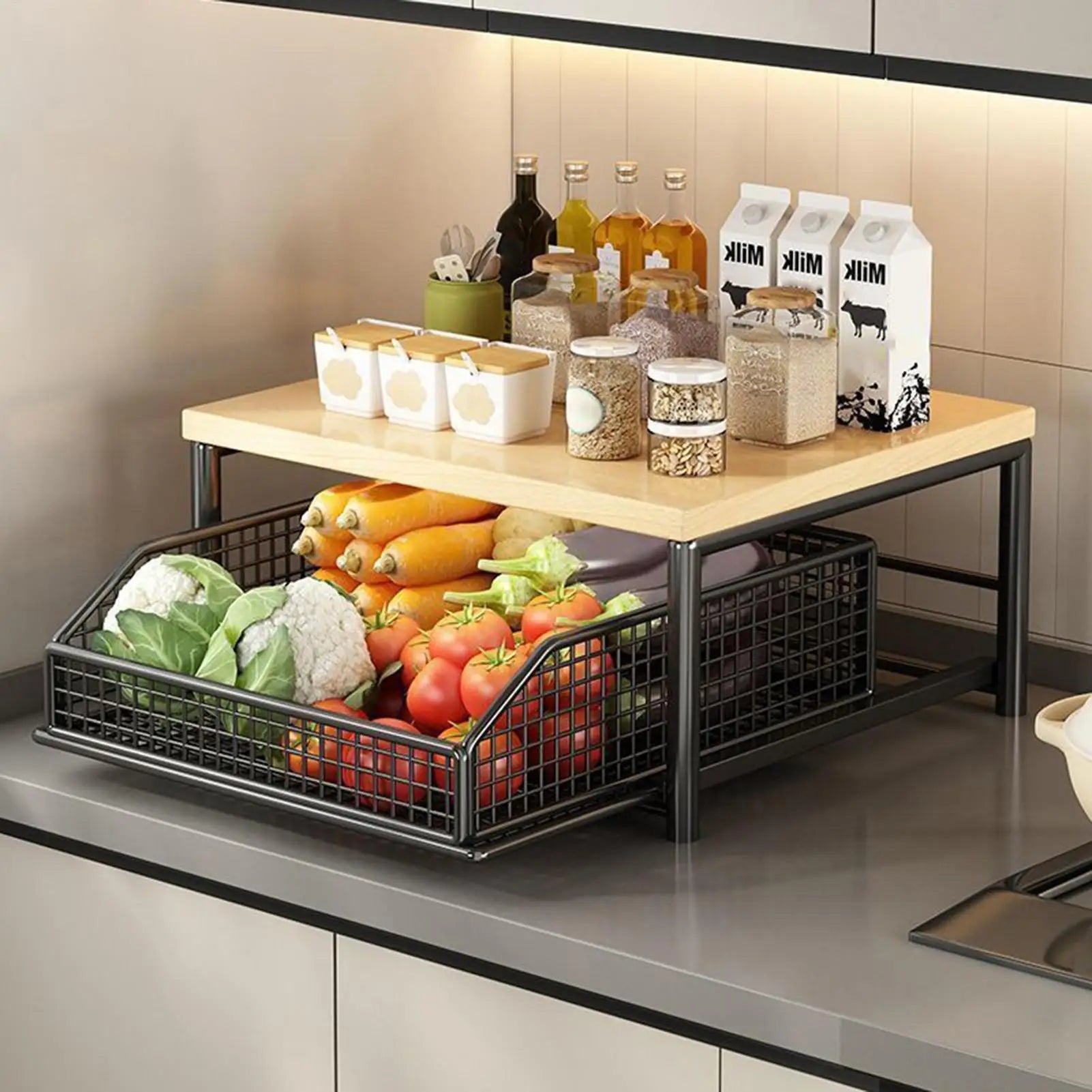 Kitchen Storage Rack Standing Shelf with Drawer for Fruit Vegetable Microwave Pots Dishes Spice Organizer for Kitchen Countertop