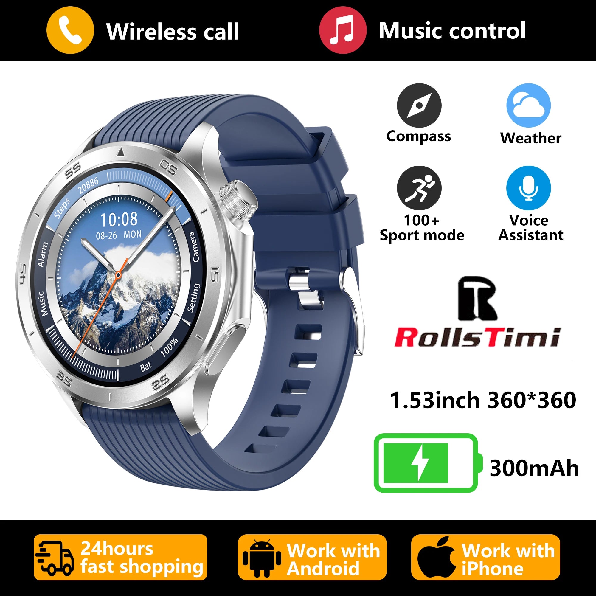 2026 new smart watch 1.53-inch HD large screen supports Bluetooth calls, multiple sports modes, compass health monitoring