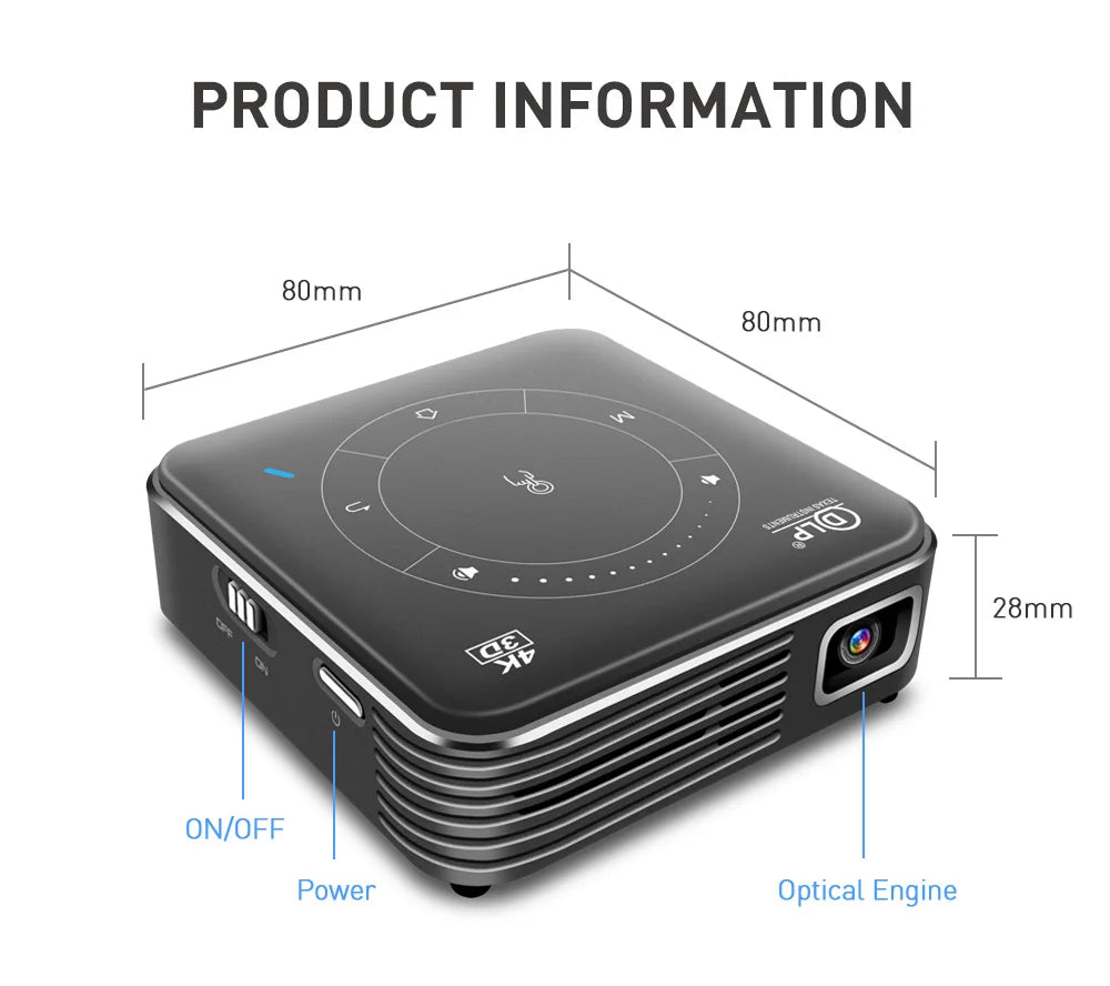 Mini 3D Portable Projector — 4K DLP, Android, WiFi, Bluetooth, Rechargeable Battery, Outdoor & Car Use
