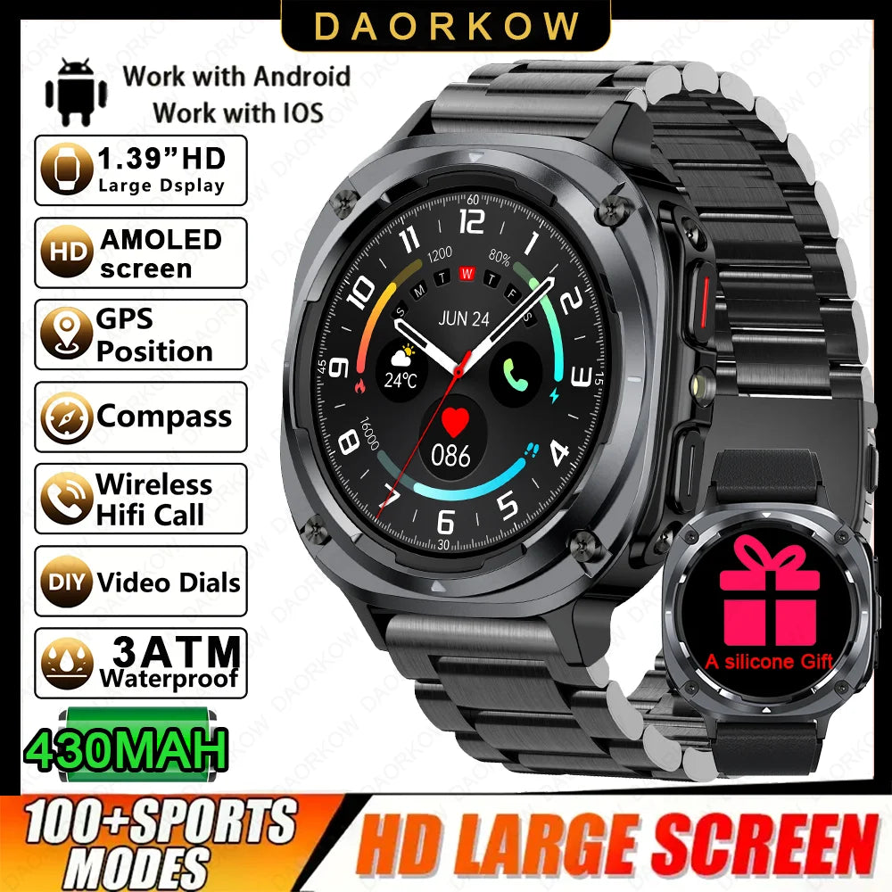 Smart Watch, Bluetooth Calling, Message Reminder, Stainless Steel Strap, Flashlight Function, Compatible with IPhone/Android