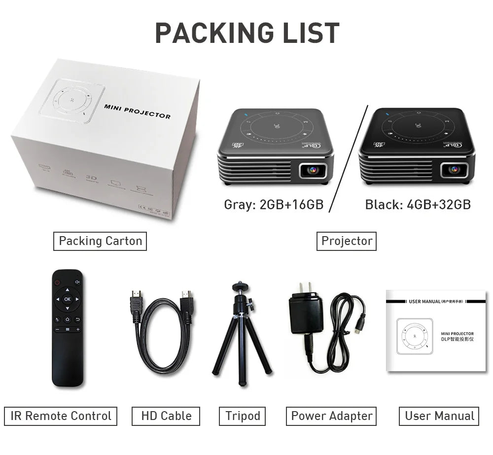 Mini 3D Portable Projector — 4K DLP, Android, WiFi, Bluetooth, Rechargeable Battery, Outdoor & Car Use