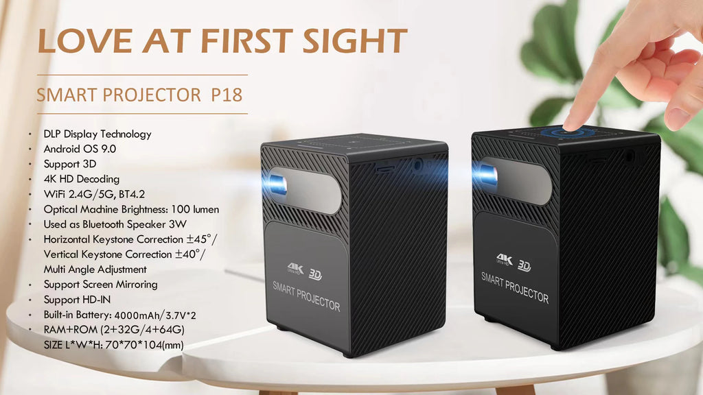 Mini 3D Portable Projector — 4K DLP, Android, WiFi, Bluetooth, Rechargeable Battery, Outdoor & Car Use