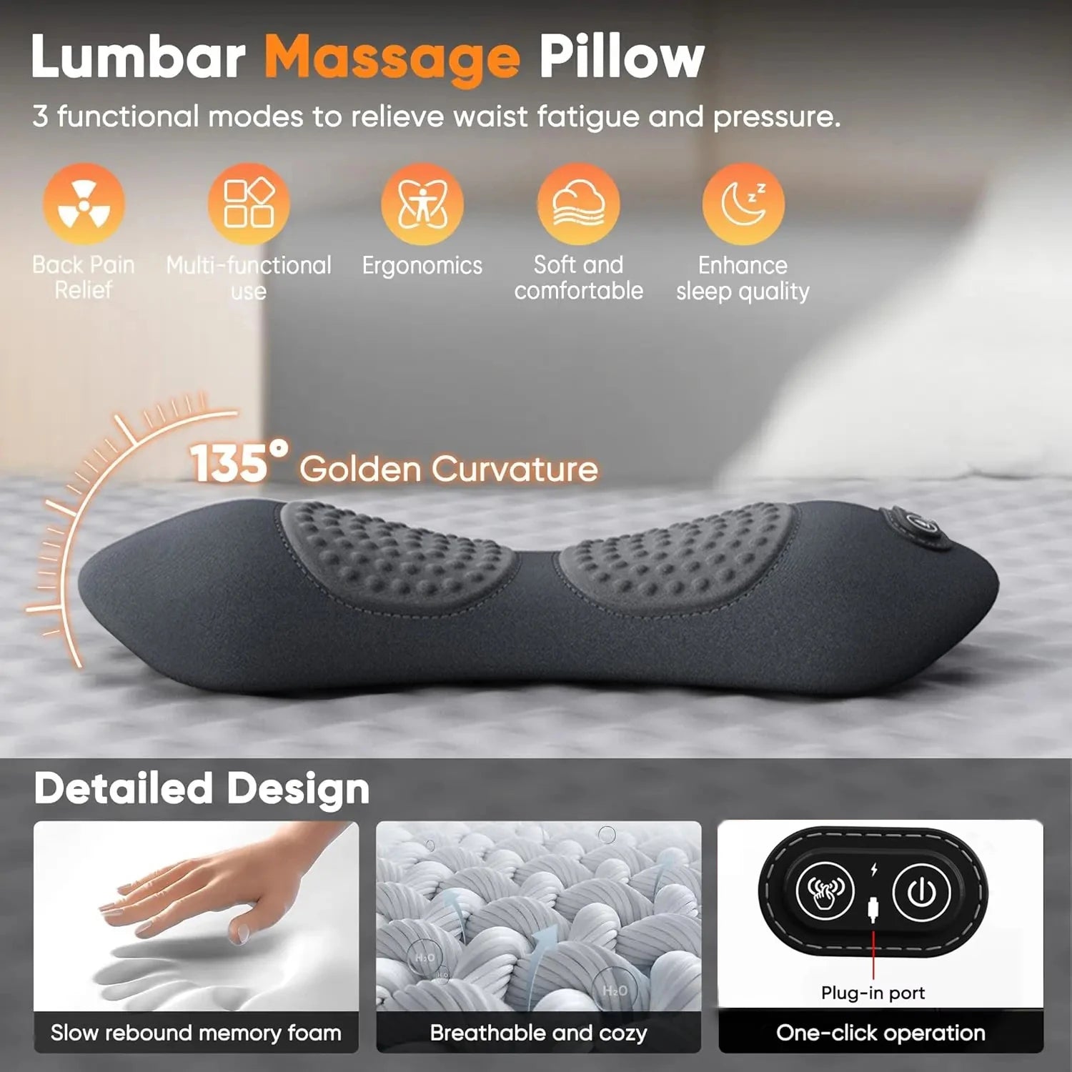 Multi-functional 3-in-1 Back Massager with Relief Bed Sleeping Shiatsu Deep Tissue Portable Shoulder Lower Back Pain Relief