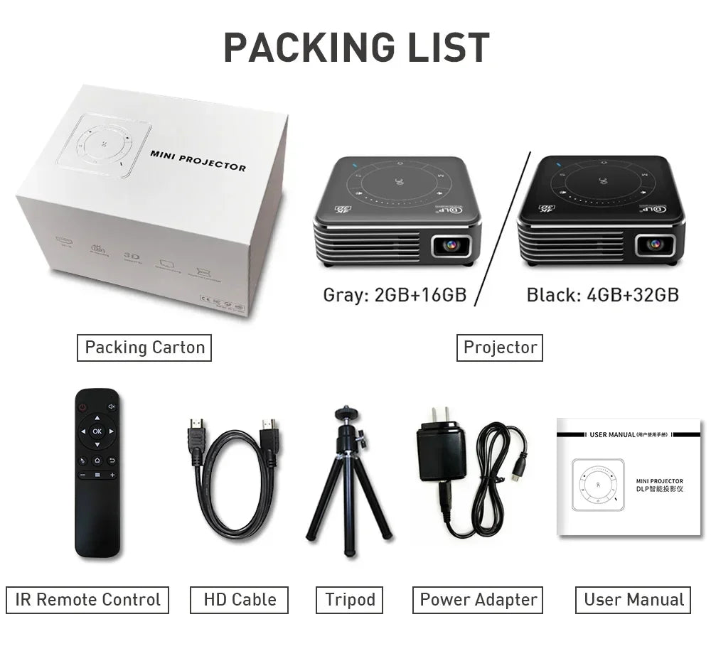 Mini 3D Portable Projector — 4K DLP, Android, WiFi, Bluetooth, Rechargeable Battery, Outdoor & Car Use