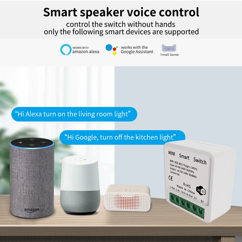 Smart Mini WiFi Switch — Voice & APP Control, 16A, Flame-Retardant, Easy Install