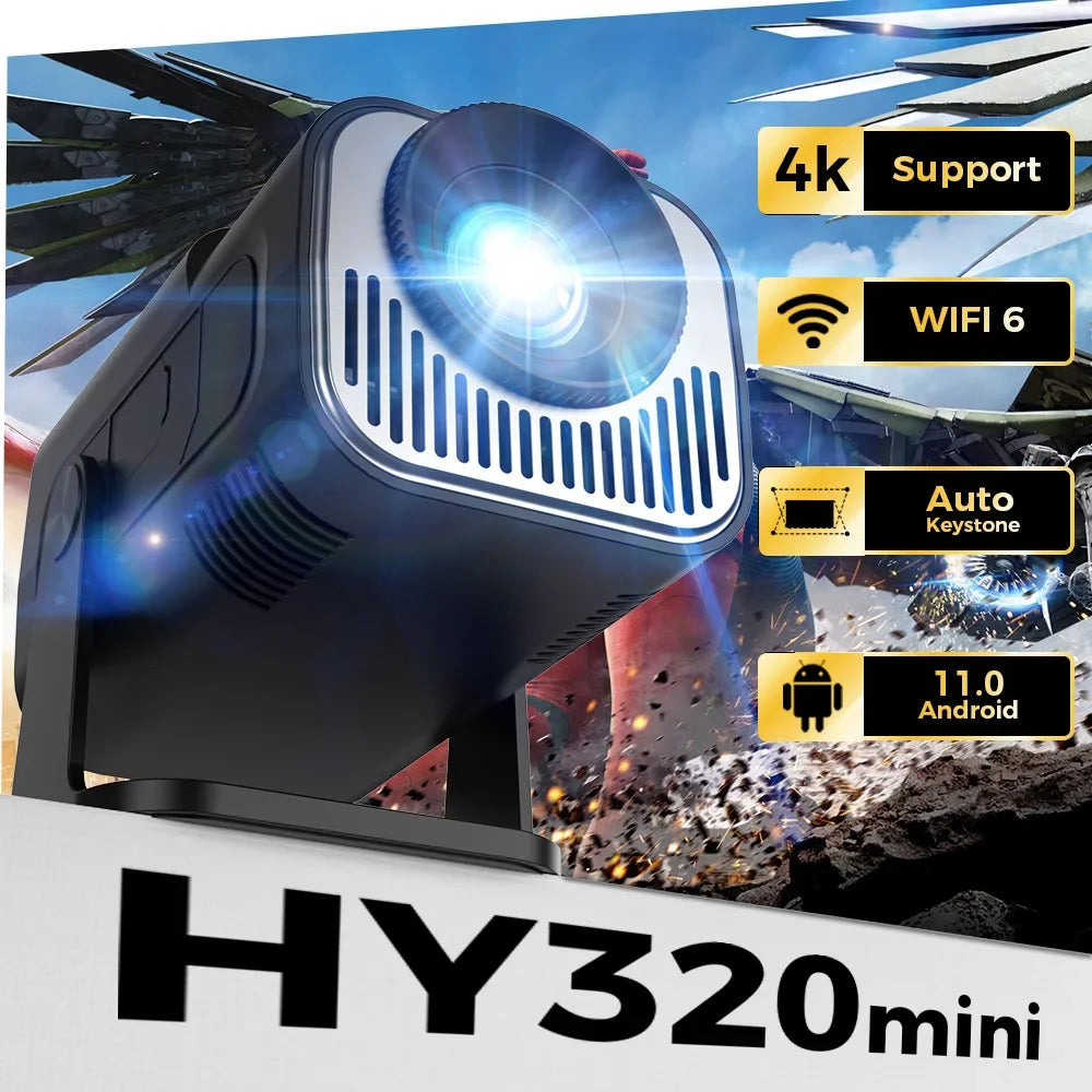 HY320 Mini Newly Native 720P Android 12 4K Projector 300ANSI Wifi6 BT5.0 Cinema Outdoor Portable 180° Rotable Projector