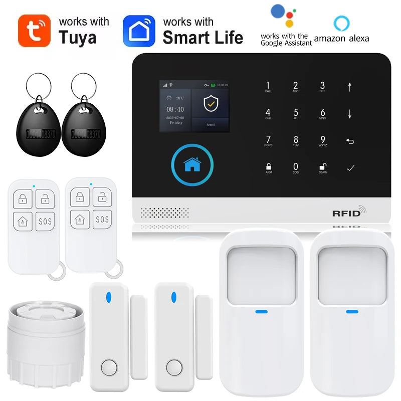 Smart Solar-Powered Home Alarm System — Tuya WiFi GSM, PIR & Door Sensors, Alexa Compatible