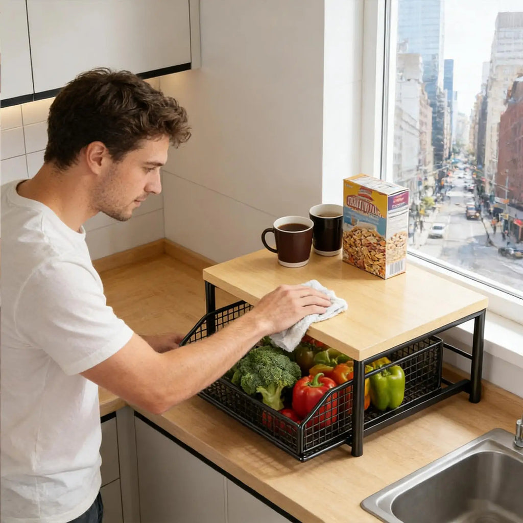 Kitchen Storage Rack Standing Shelf with Drawer for Fruit Vegetable Microwave Pots Dishes Spice Organizer for Kitchen Countertop
