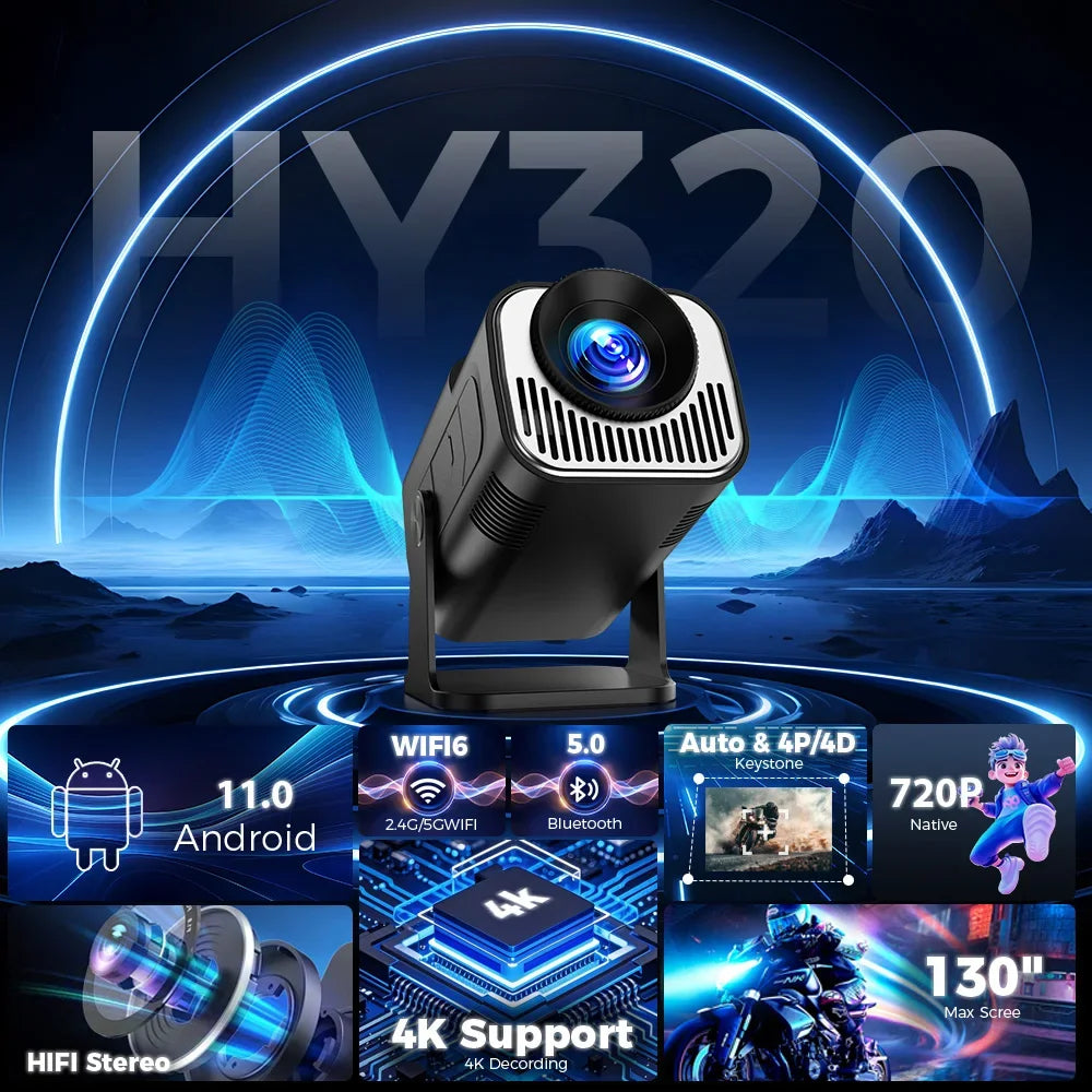 HY320 Mini Newly Native 720P Android 12 4K Projector 300ANSI Wifi6 BT5.0 Cinema Outdoor Portable 180° Rotable Projector