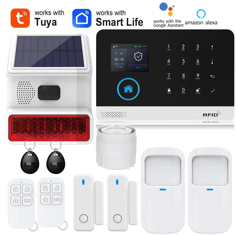 Smart Solar-Powered Home Alarm System — Tuya WiFi GSM, PIR & Door Sensors, Alexa Compatible