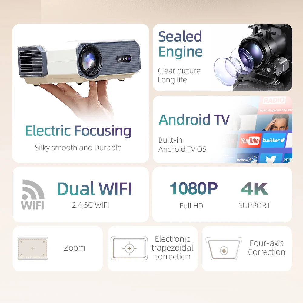 AUN A004 Pro Mini Projector — Android, Full HD 1080P, 4K Decode, Laser, WiFi, Home Theater