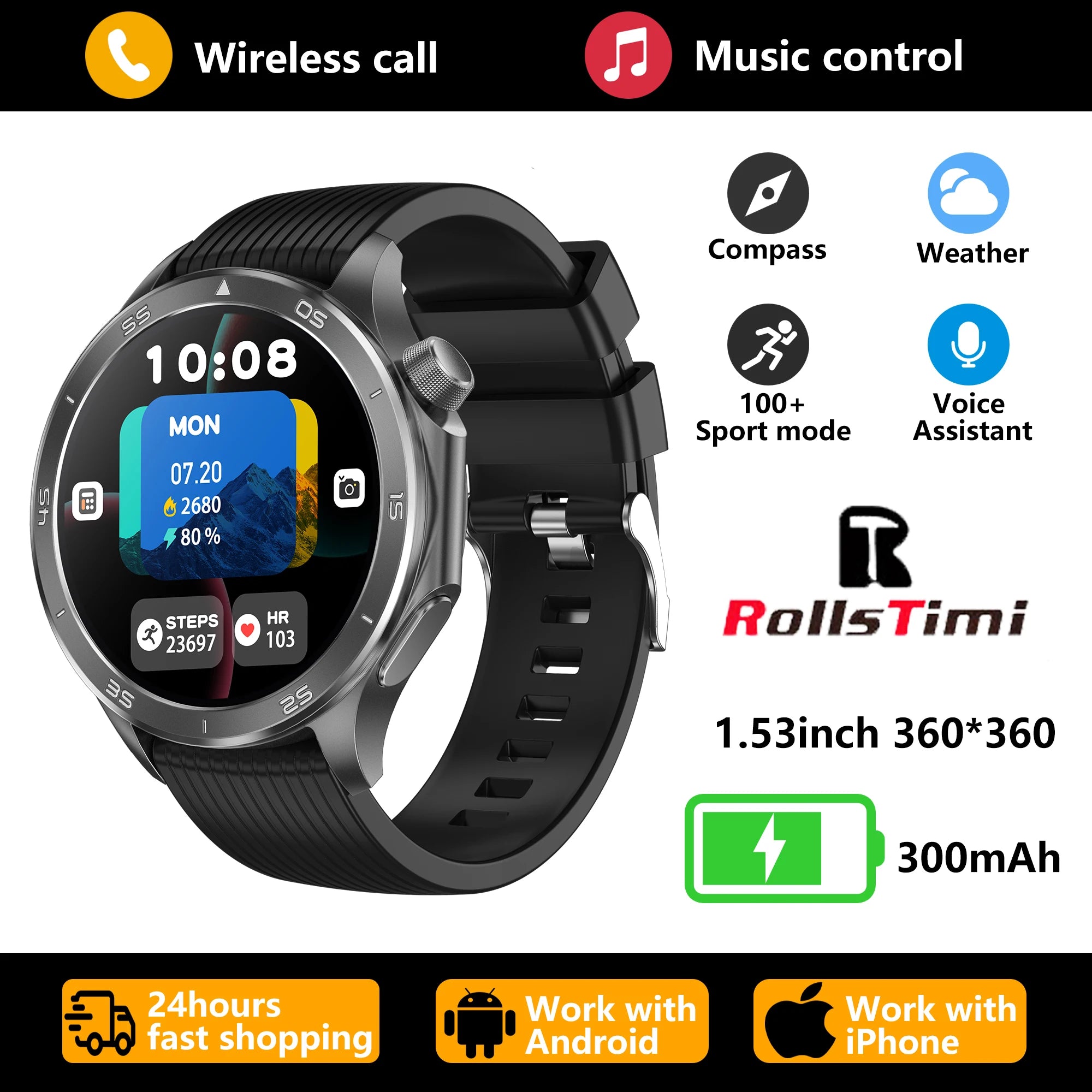 2026 new smart watch 1.53-inch HD large screen supports Bluetooth calls, multiple sports modes, compass health monitoring