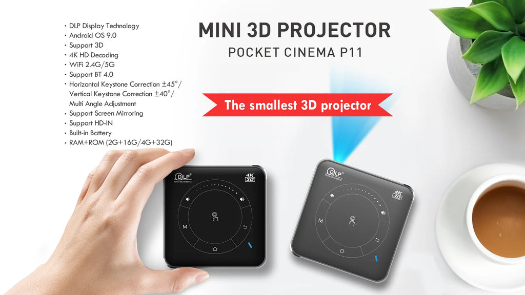 Mini 3D Portable Projector — 4K DLP, Android, WiFi, Bluetooth, Rechargeable Battery, Outdoor & Car Use