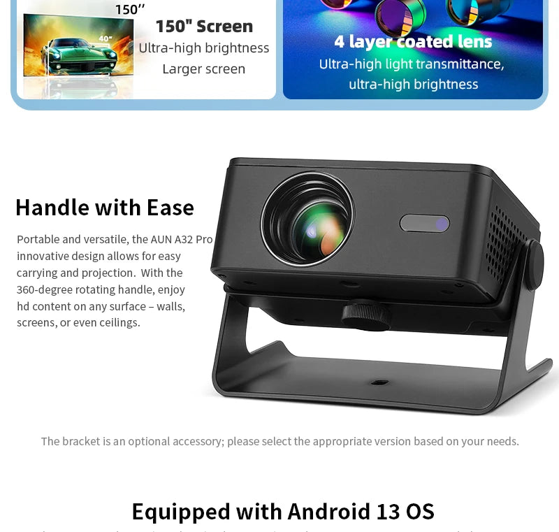 AUN A32 Pro Portable Projector — Android, 4K 1080P, Laser, WiFi, LED, Smart TV for Home & Outdoor