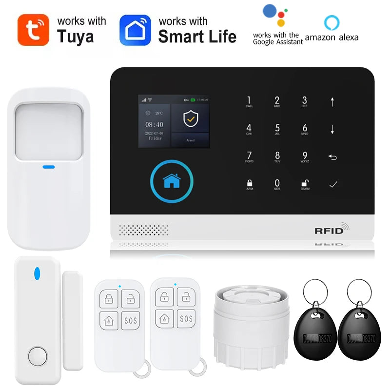 Smart Solar-Powered Home Alarm System — Tuya WiFi GSM, PIR & Door Sensors, Alexa Compatible