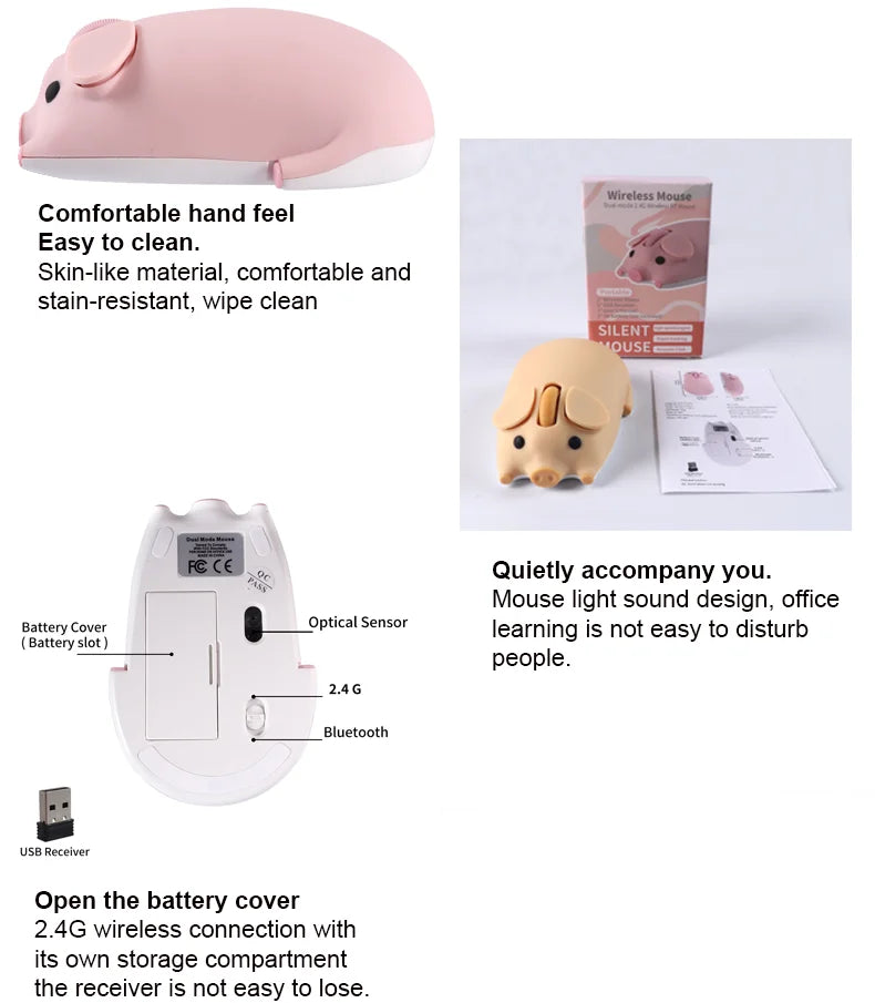 Cartoon Pig Design Computer Mouse Dual-mode 2.4G+Bluetooth Cute Ergonomic Optical Mice Game Laptop PC Universal For Girl Gift