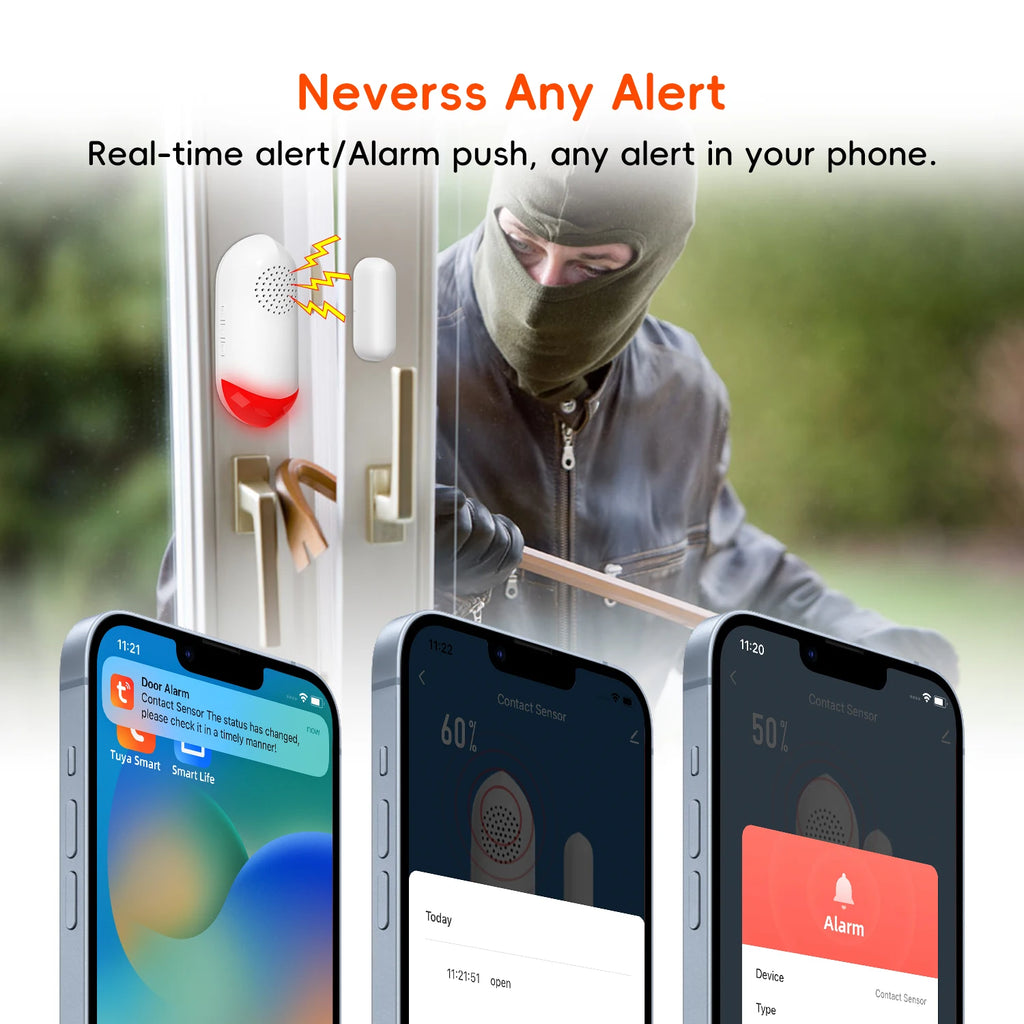 Smart WiFi Door & Window Sensor — 100dB Siren, LED Alert & APP Control