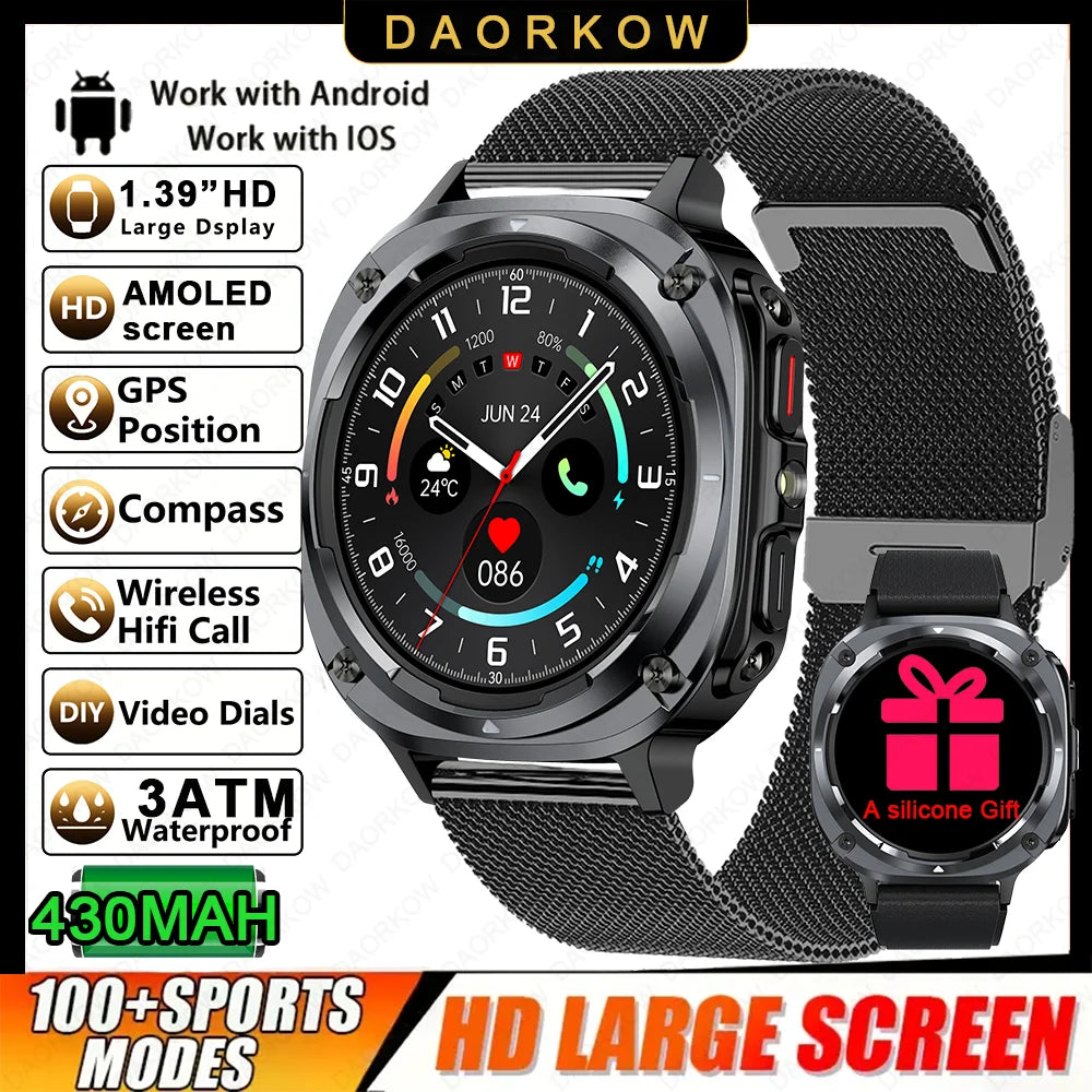 Smart Watch, Bluetooth Calling, Message Reminder, Stainless Steel Strap, Flashlight Function, Compatible with IPhone/Android