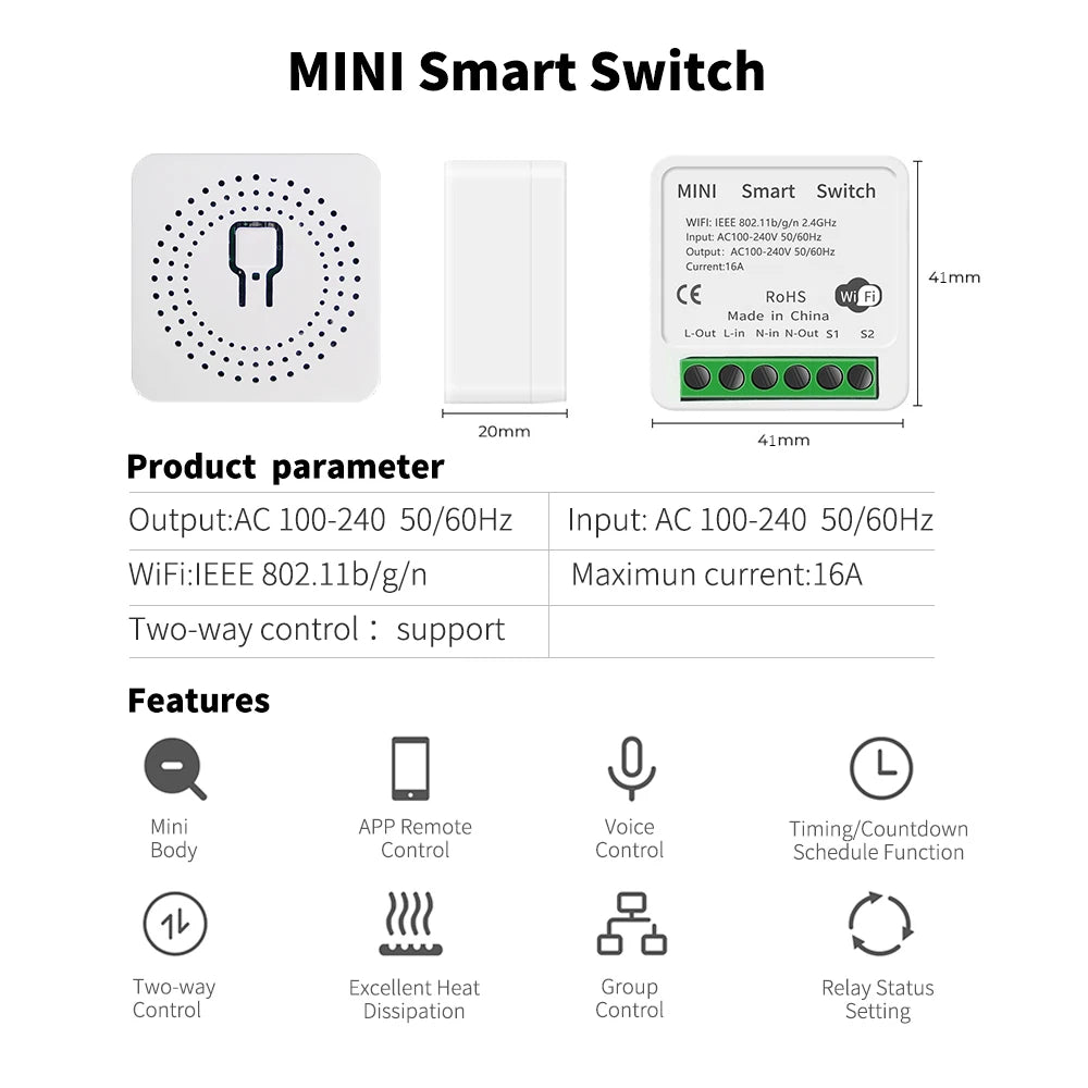 Smart Mini WiFi Switch — Voice & APP Control, 16A, Flame-Retardant, Easy Install