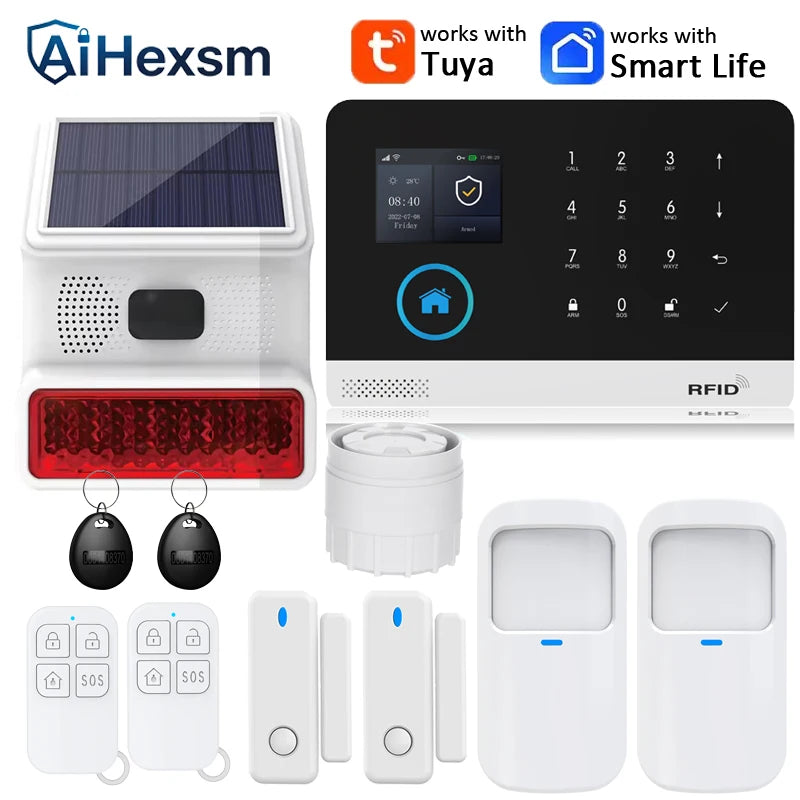 Smart Solar-Powered Home Alarm System — Tuya WiFi GSM, PIR & Door Sensors, Alexa Compatible