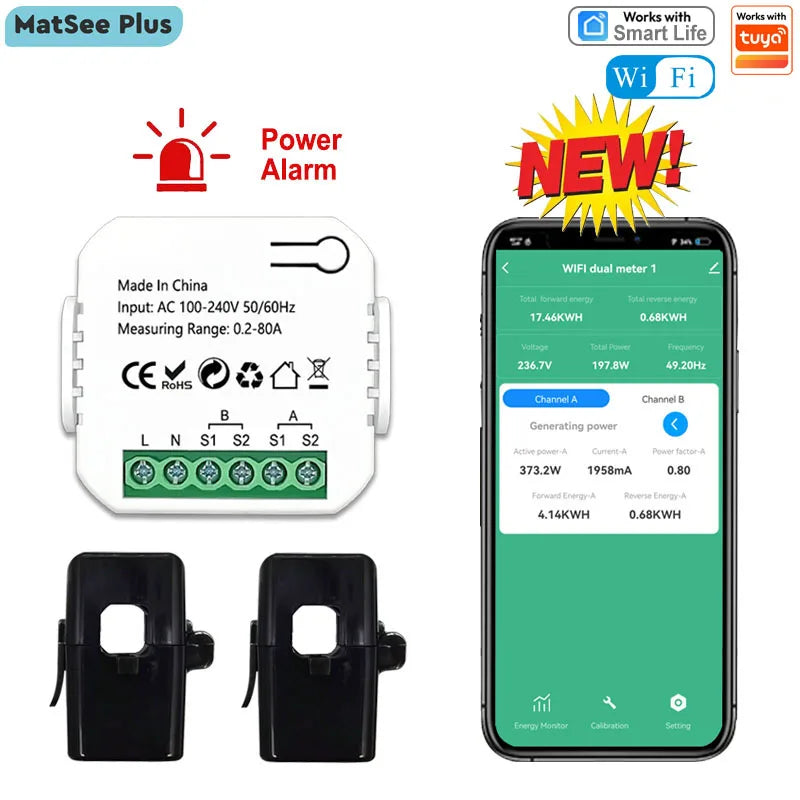 Smart WiFi Energy Meter — Single Phase, Bidirectional, Solar Monitor, Overload Alarm