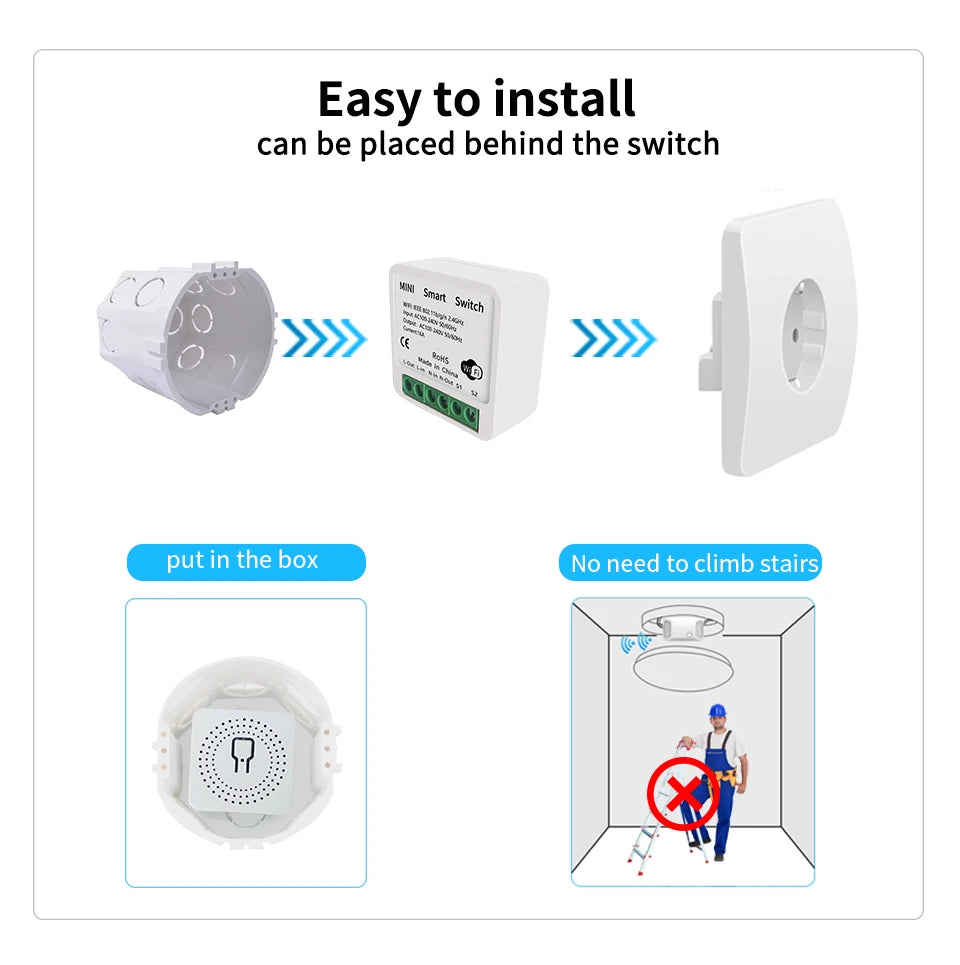 Smart Mini WiFi Switch — Voice & APP Control, 16A, Flame-Retardant, Easy Install