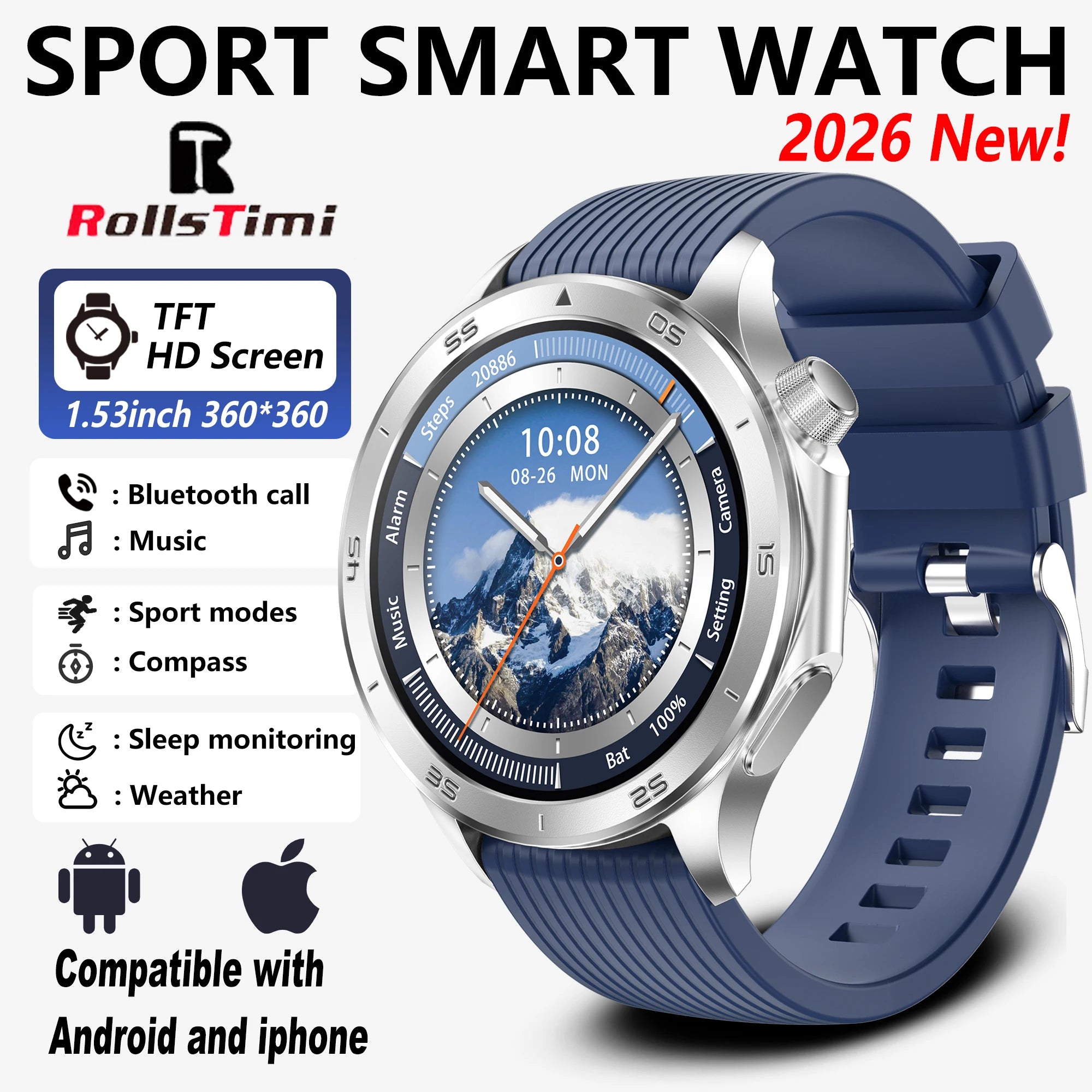 2026 new smart watch 1.53-inch HD large screen supports Bluetooth calls, multiple sports modes, compass health monitoring