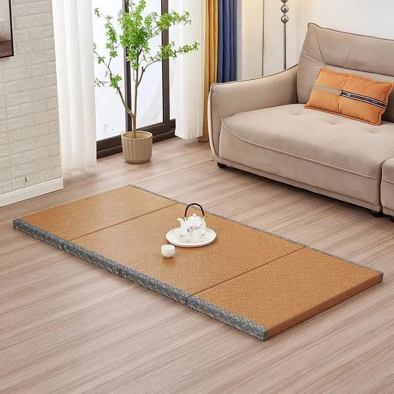 Japanese Folding Tatami Mattress Floor Mat with Artificial Rattan Surface & Coconut Fiber Core Futon Yoga Meditation Mat