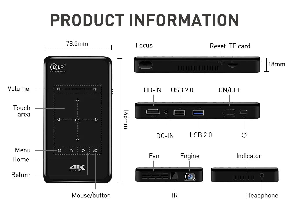 P09-II Portable DLP Mini Pocket Projector Android 9.0 2GB RAM 32GB ROM WIFI5 BT4.2 4K HD Beamer Home Cinema LED Video Projector