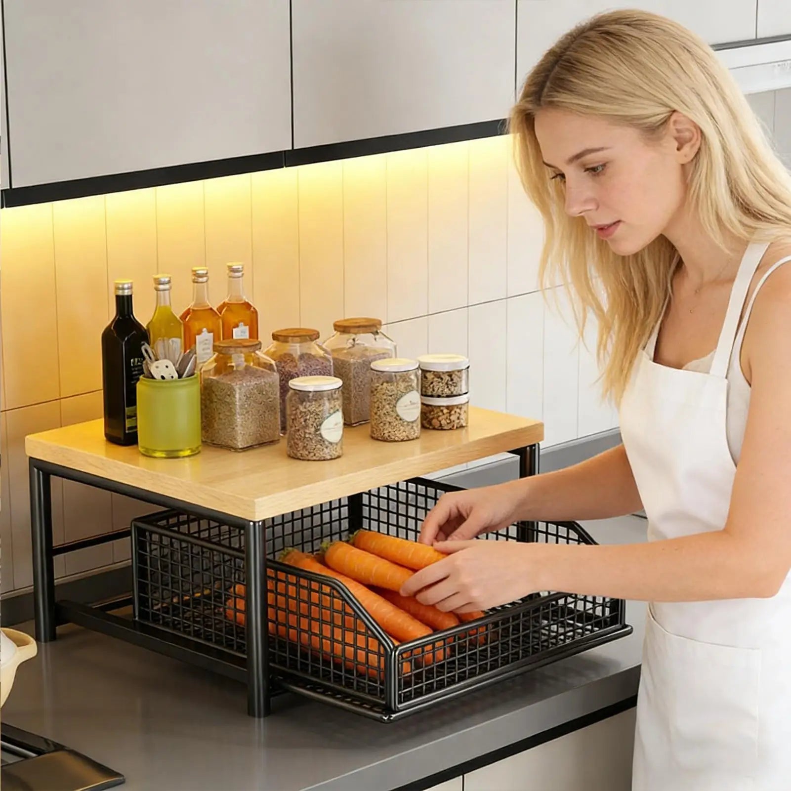 Kitchen Storage Rack Standing Shelf with Drawer for Fruit Vegetable Microwave Pots Dishes Spice Organizer for Kitchen Countertop