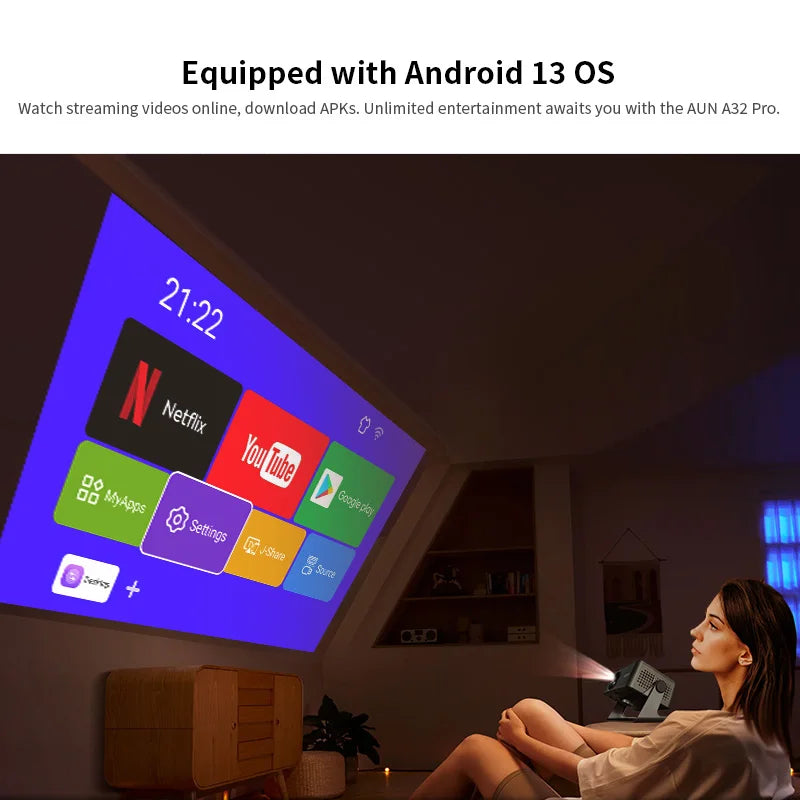 AUN A32 Pro Portable Projector — Android, 4K 1080P, Laser, WiFi, LED, Smart TV for Home & Outdoor