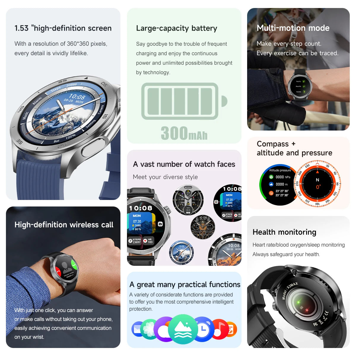 2026 new smart watch 1.53-inch HD large screen supports Bluetooth calls, multiple sports modes, compass health monitoring