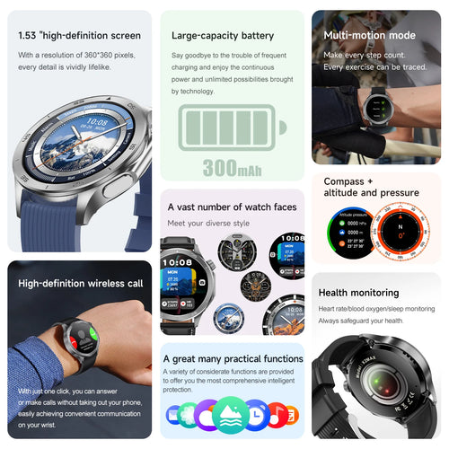 2026 new smart watch 1.53-inch HD large screen supports Bluetooth calls, multiple sports modes, compass health monitoring