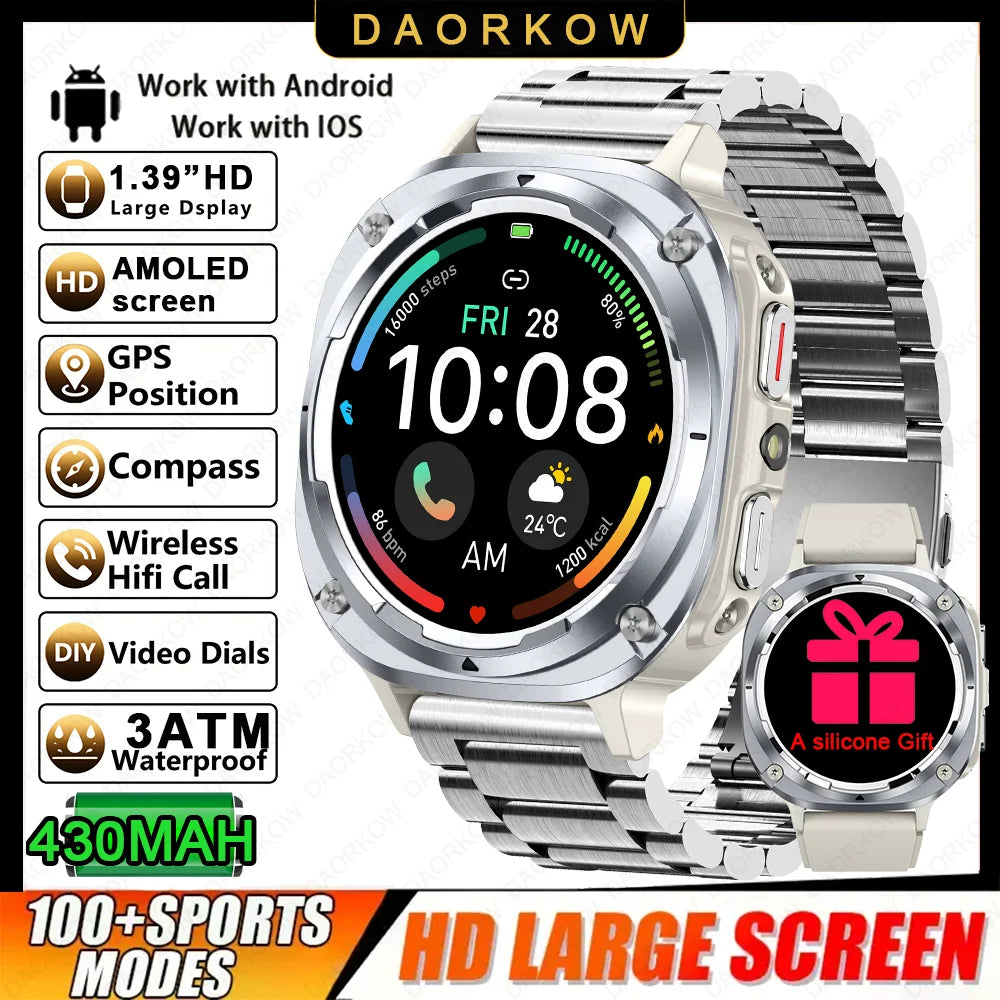 Smart Watch, Bluetooth Calling, Message Reminder, Stainless Steel Strap, Flashlight Function, Compatible with IPhone/Android
