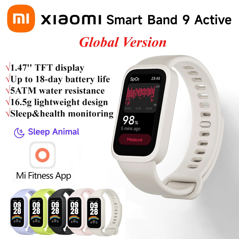 Xiaomi Smart Band 9 Active Global Version 1.47'' Display 18 Days Battery Life Health Monitoring 5ATM Sports Bracelet Mi Fitness