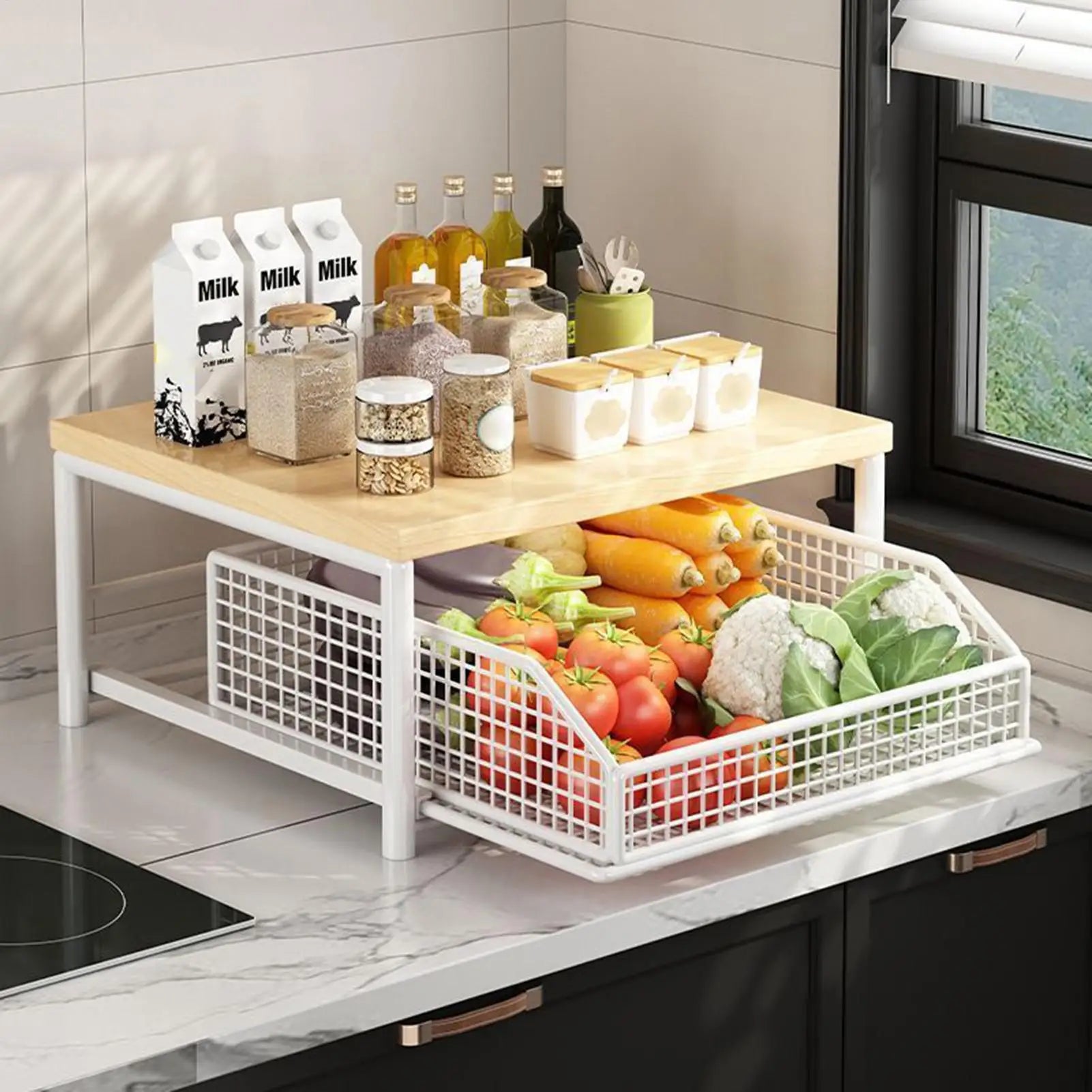 Kitchen Storage Rack Standing Shelf with Drawer for Fruit Vegetable Microwave Pots Dishes Spice Organizer for Kitchen Countertop